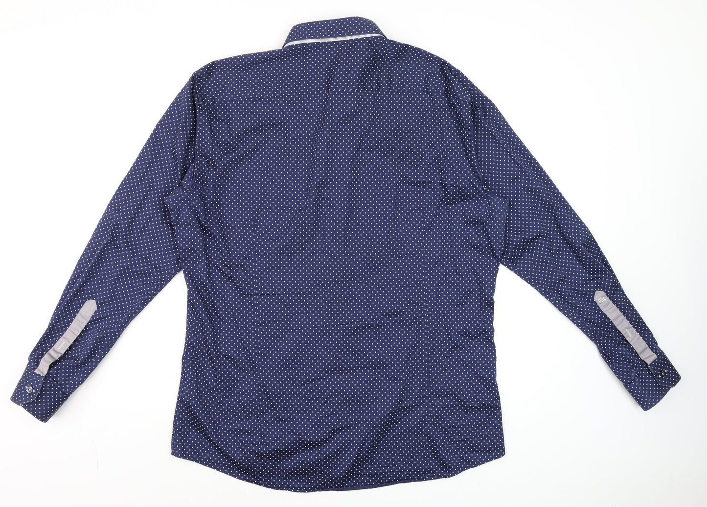 Remus Uomo Men's Blue Polka Dot Slim Fit Long Sleeve Cotton Dress Shirt M