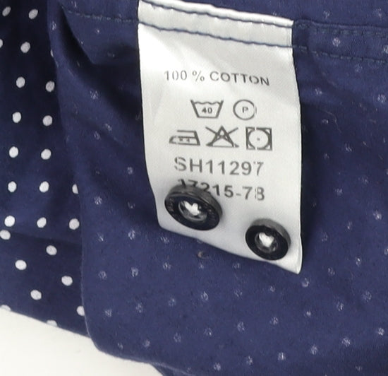 Remus Uomo Men's Blue Polka Dot Slim Fit Long Sleeve Cotton Dress Shirt M