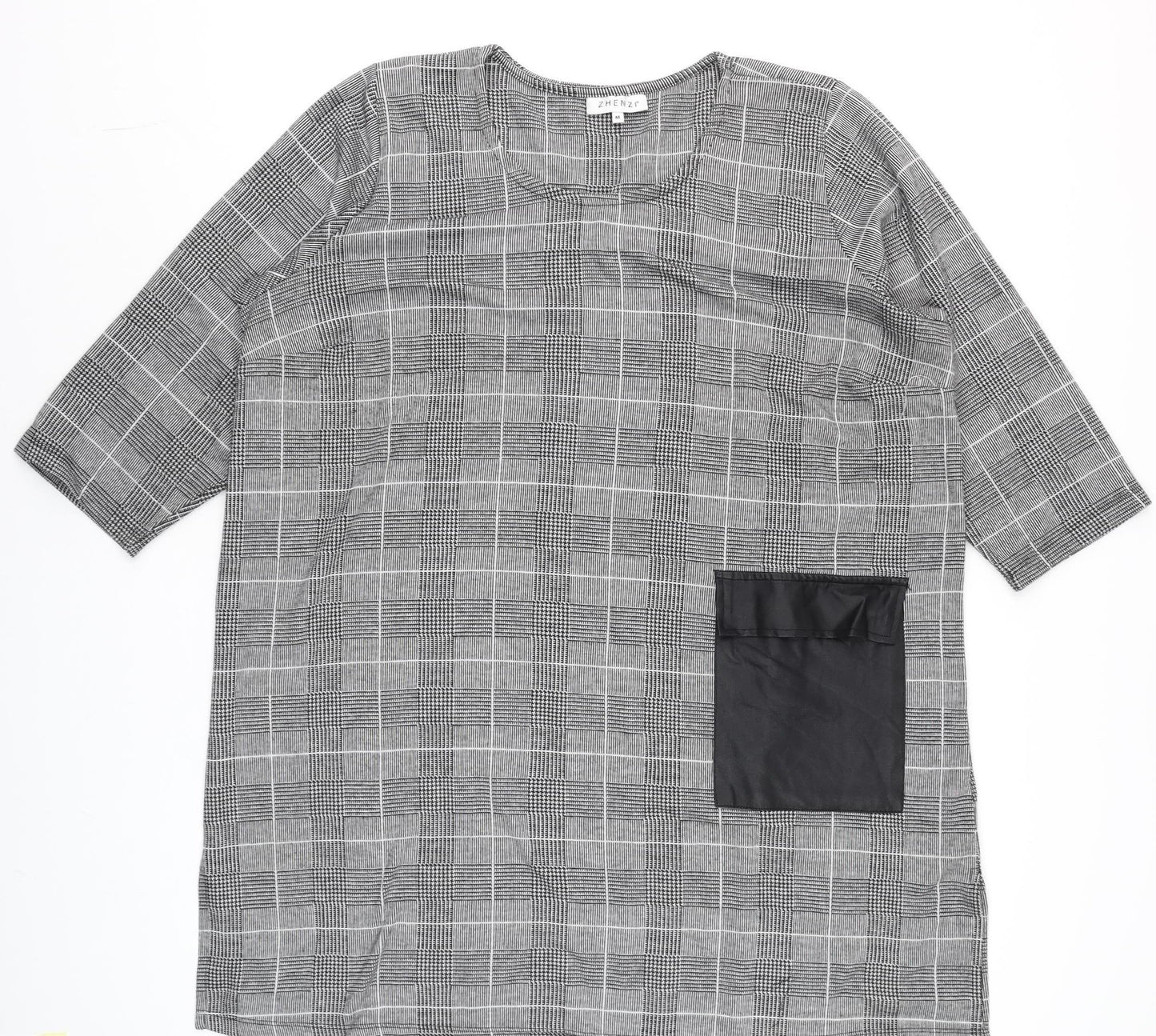 Zhenzi Women Grey Check Tunic Blouse M 3/4 Sleeve Classic Work Top