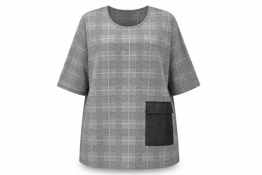 Zhenzi Women Grey Check Tunic Blouse M 3/4 Sleeve Classic Work Top