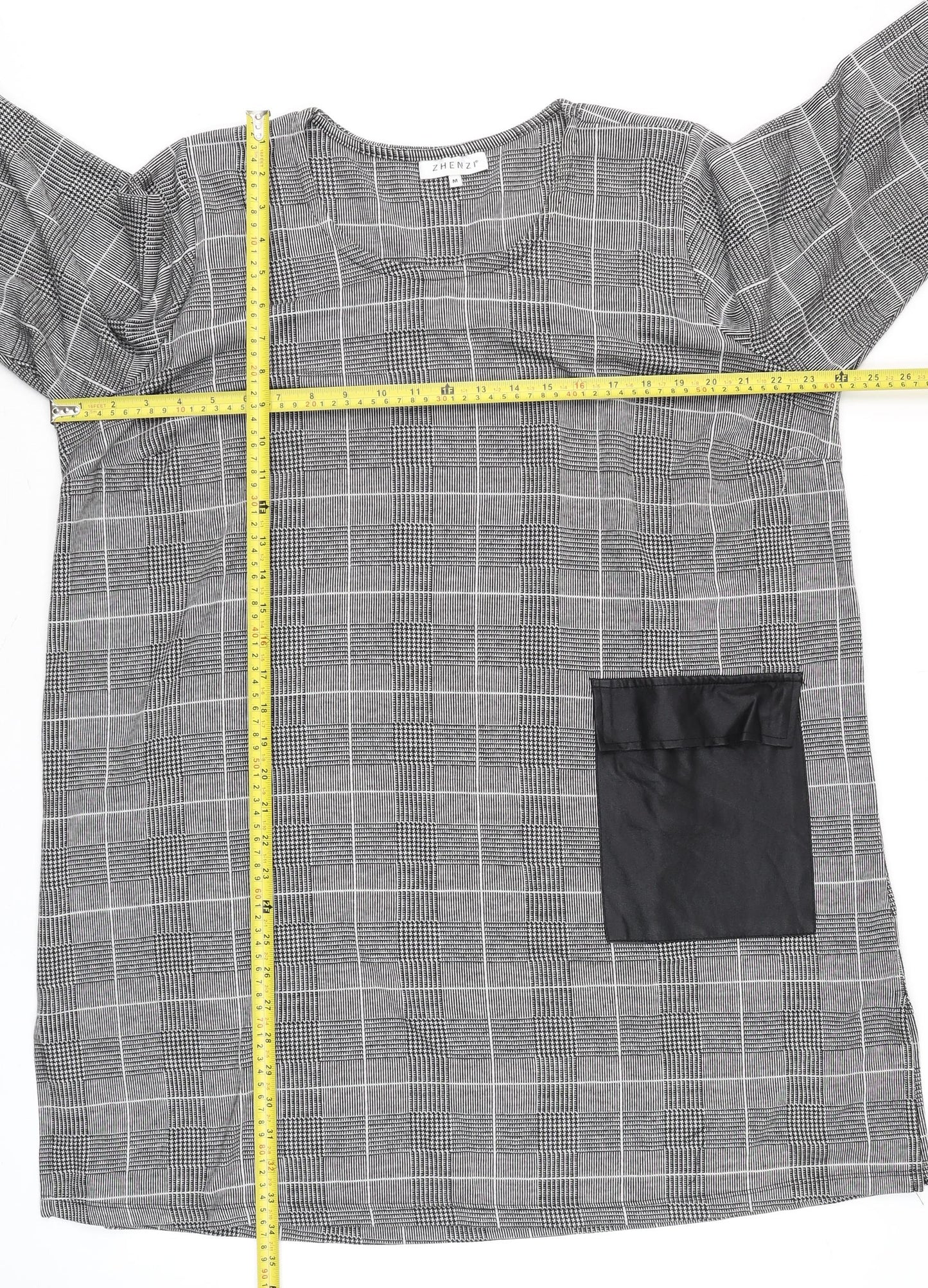 Zhenzi Women Grey Check Tunic Blouse M 3/4 Sleeve Classic Work Top
