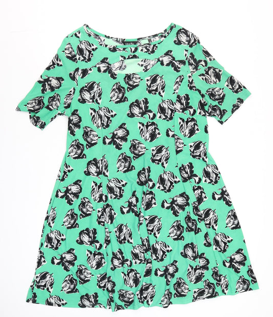 LabelBe Women’s Green Floral Skater Dress Size M Short Sleeve