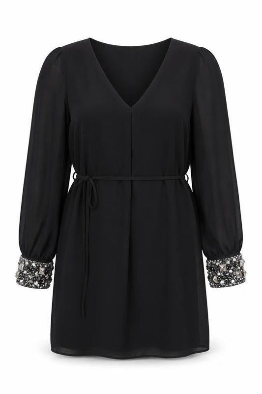 Rise Womens Black Beaded Cuff V-Neck Shift Party Dress Size 14