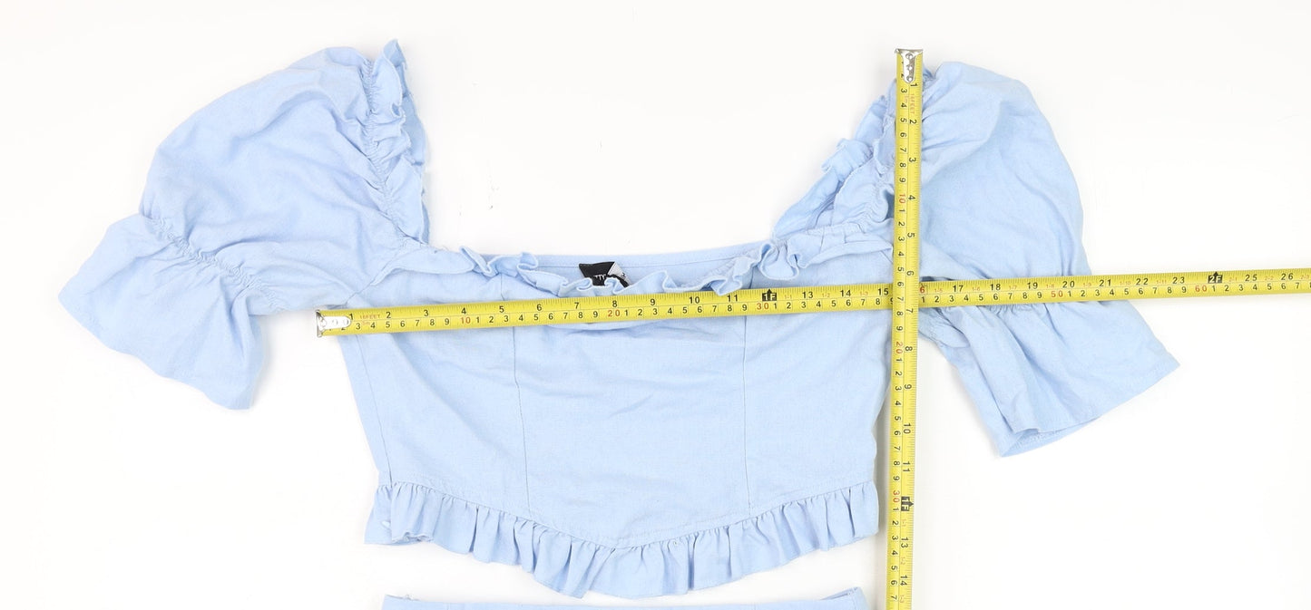 PrettyLittleThing Women Light Blue Cotton Ruffle Crop Top and Shorts Set UK 8