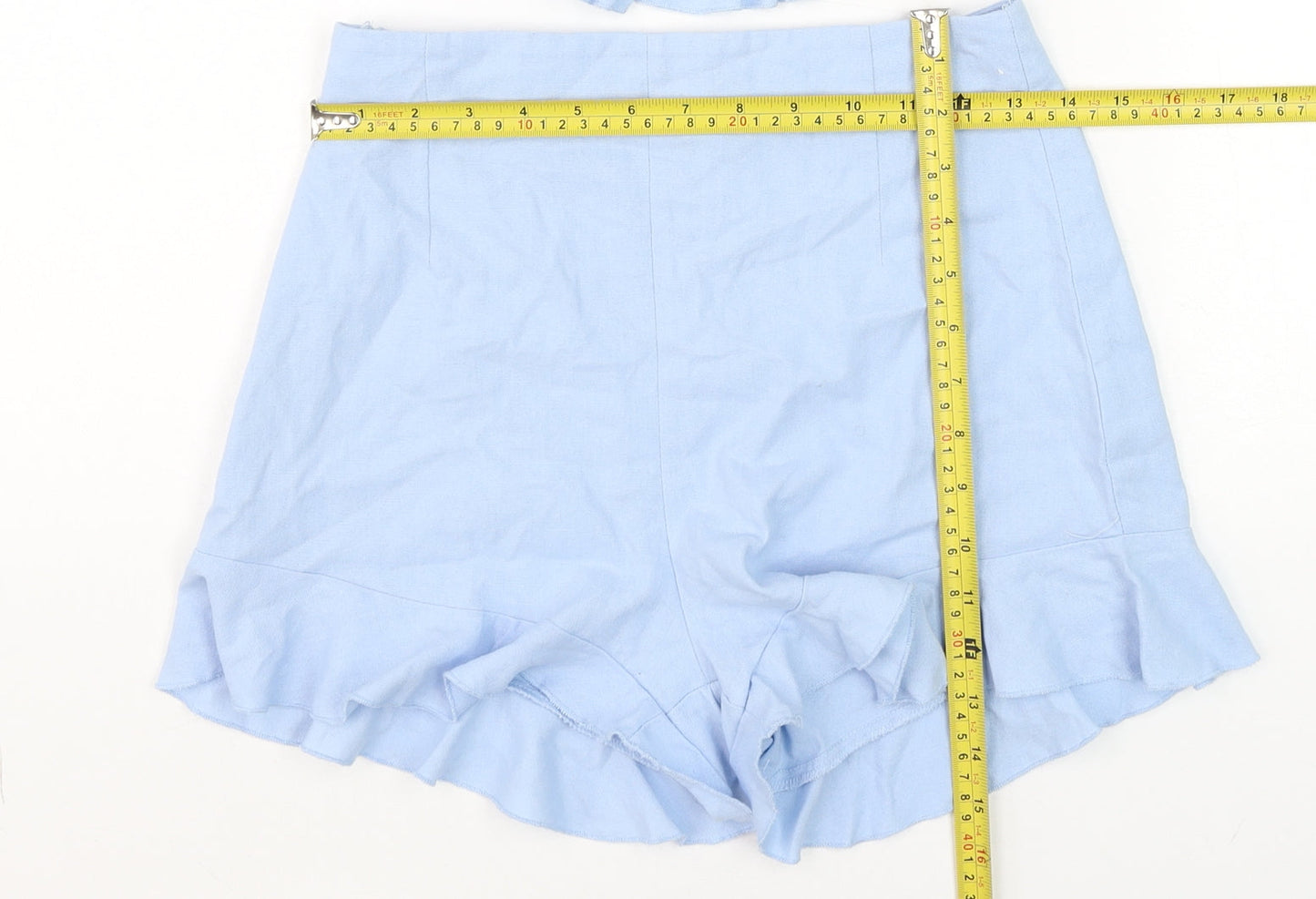 PrettyLittleThing Women Light Blue Cotton Ruffle Crop Top and Shorts Set UK 8