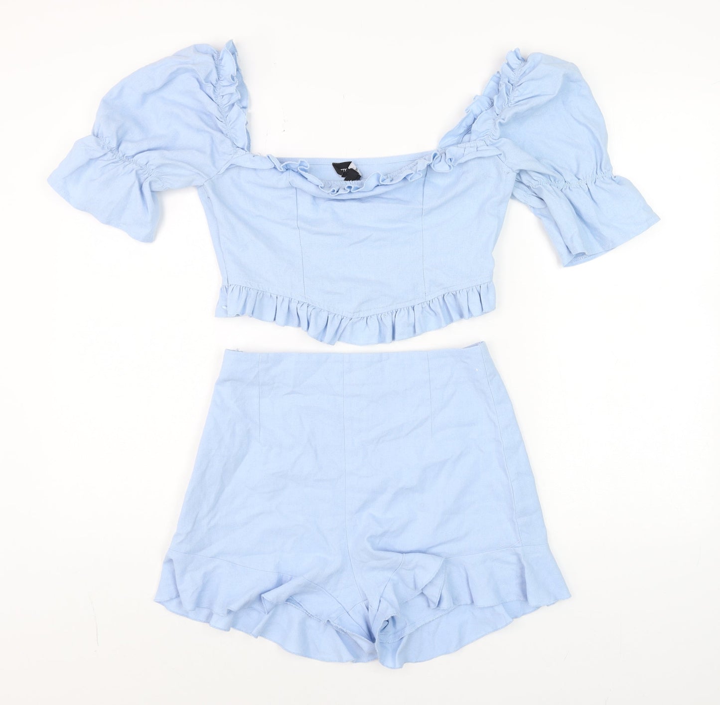 PrettyLittleThing Women Light Blue Cotton Ruffle Crop Top and Shorts Set UK 8