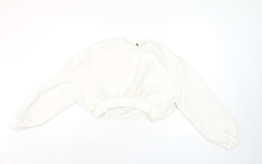 Zara Women White Cotton Blend Cropped Pullover Sweatshirt S