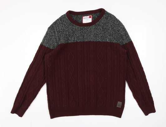 CENTERED Men Red & Grey Cable-Knit Jumper L Crew Neck Pullover
