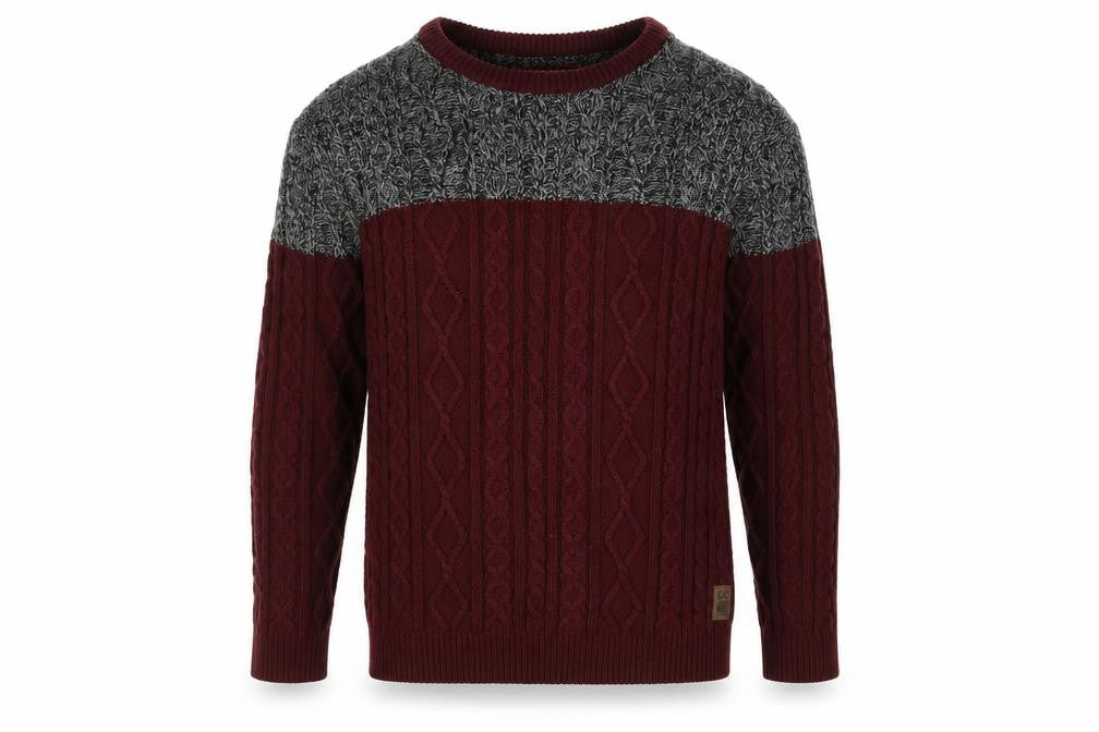 CENTERED Men Red & Grey Cable-Knit Jumper L Crew Neck Pullover