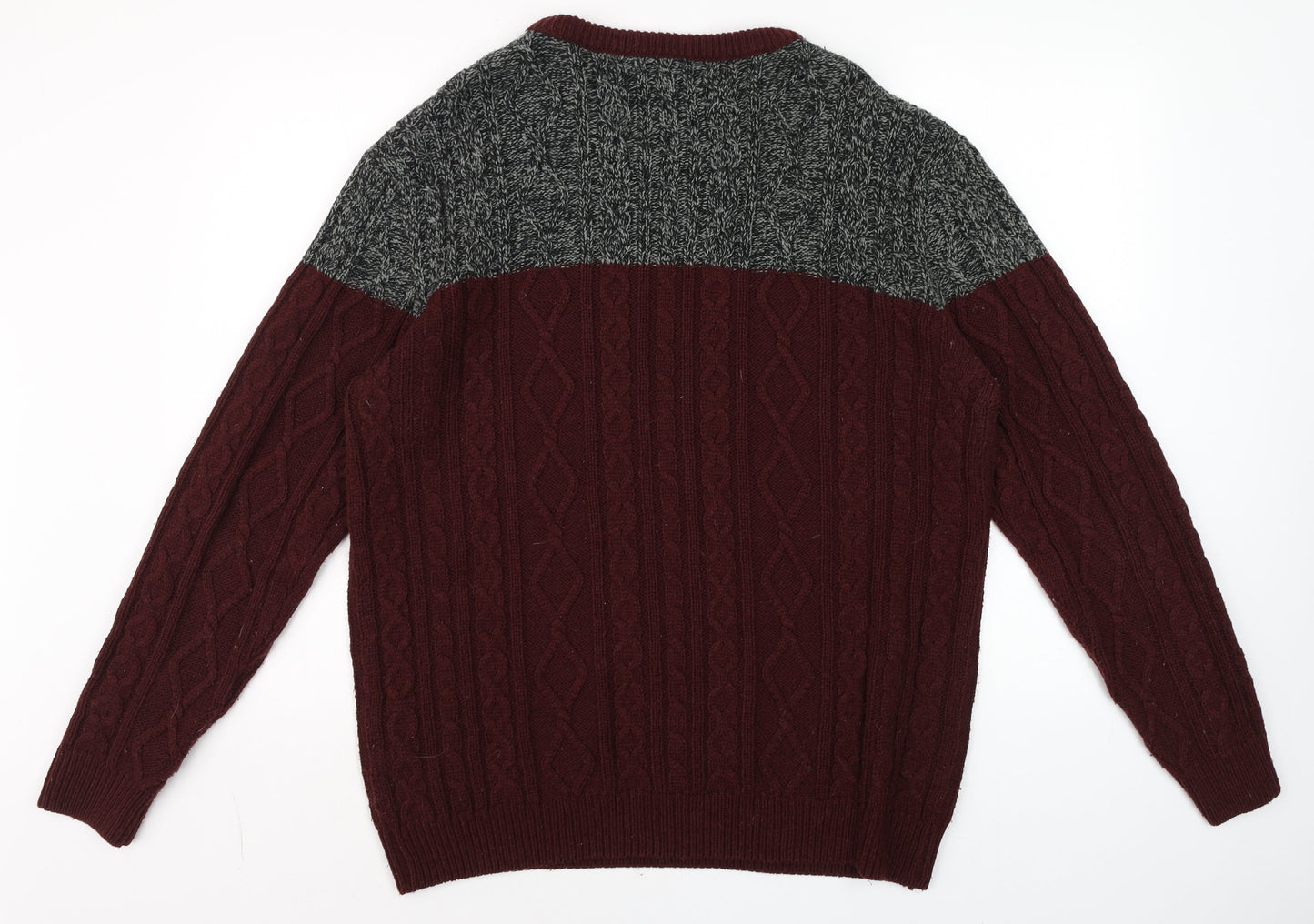 CENTERED Men Red & Grey Cable-Knit Jumper L Crew Neck Pullover