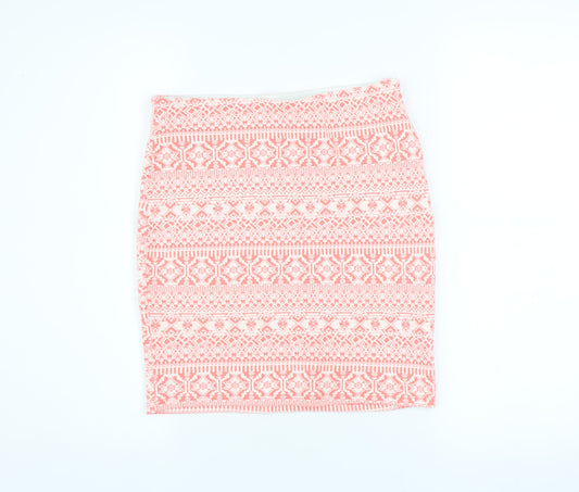 Bershka Women Pink Geometric Pencil Skirt Size L Stretch Cotton Blend