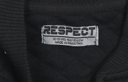 Brand and care label for Respect boys’ black quilted bomber jacket 12-13 years full zip cotton blend