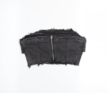Close-up detail of Missguided women’s black cropped denim bustier top uk 10