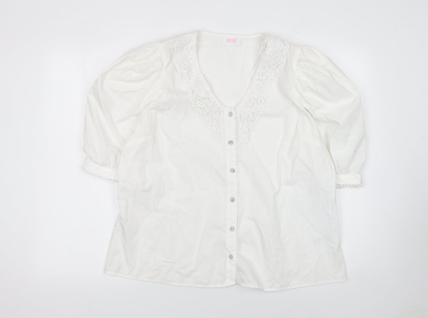 Savida Womens White Cotton Tunic Blouse Size 18 V-Neck Crochet Detail