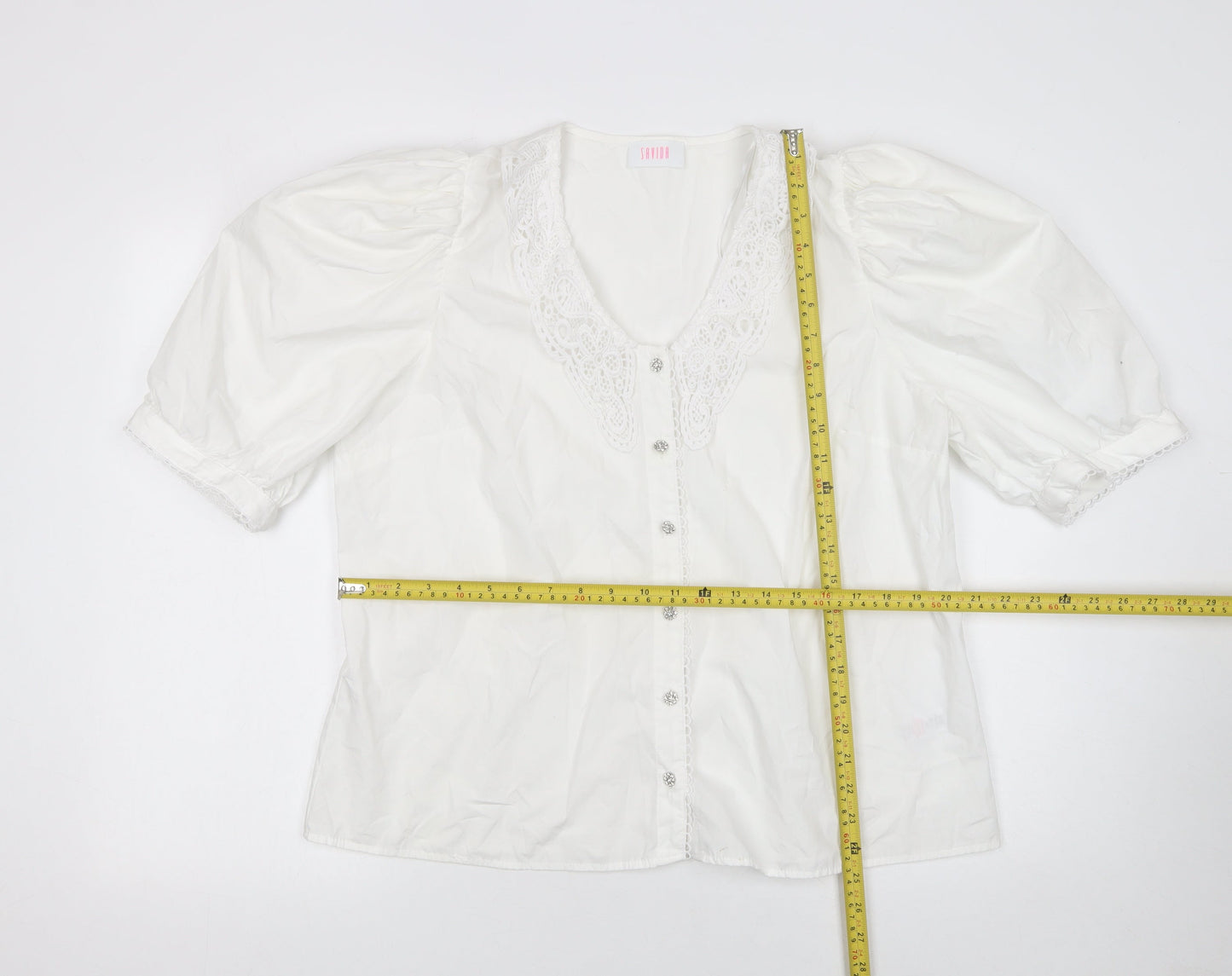 Savida Womens White Cotton Tunic Blouse Size 18 V-Neck Crochet Detail
