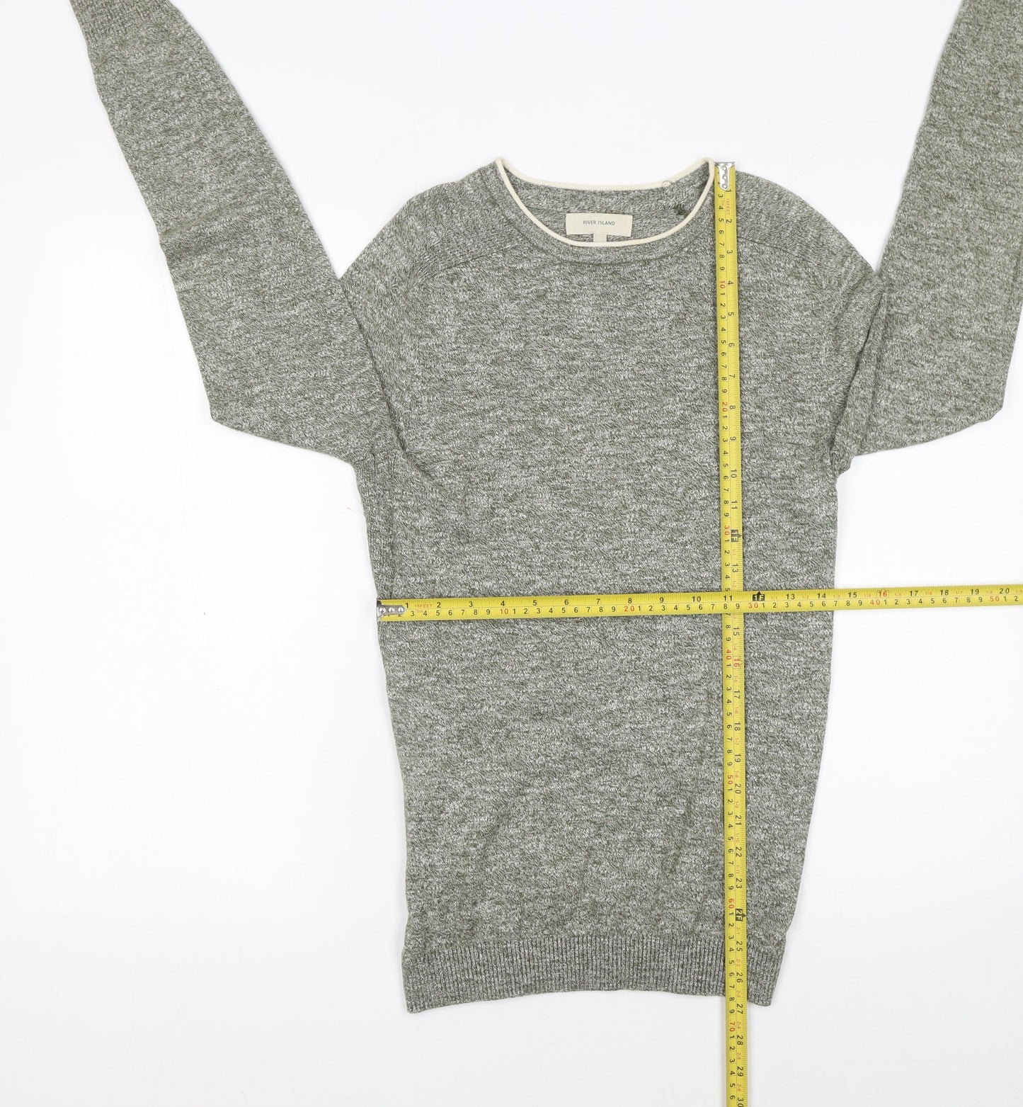 River Island Men's Grey Cotton Blend Crew Neck Pullover Jumper XS