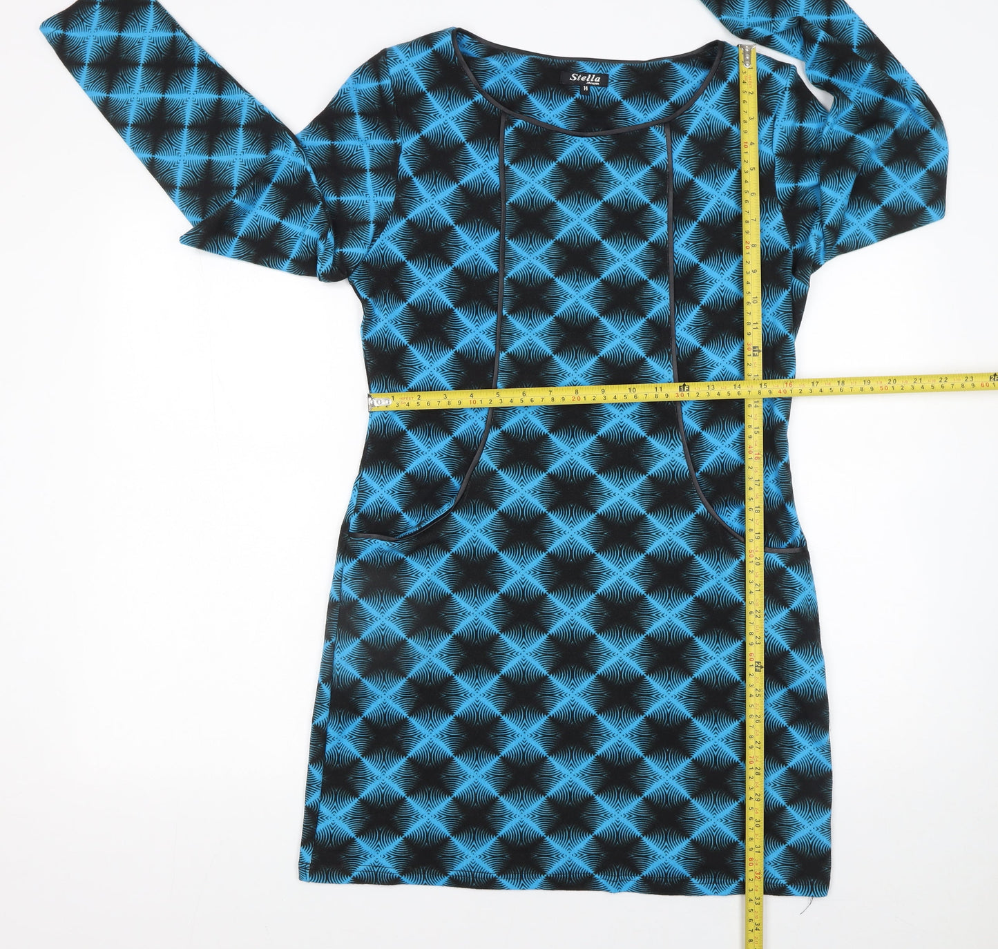 Stella Women Blue Geometric Long Sleeve Shift Dress Size 14