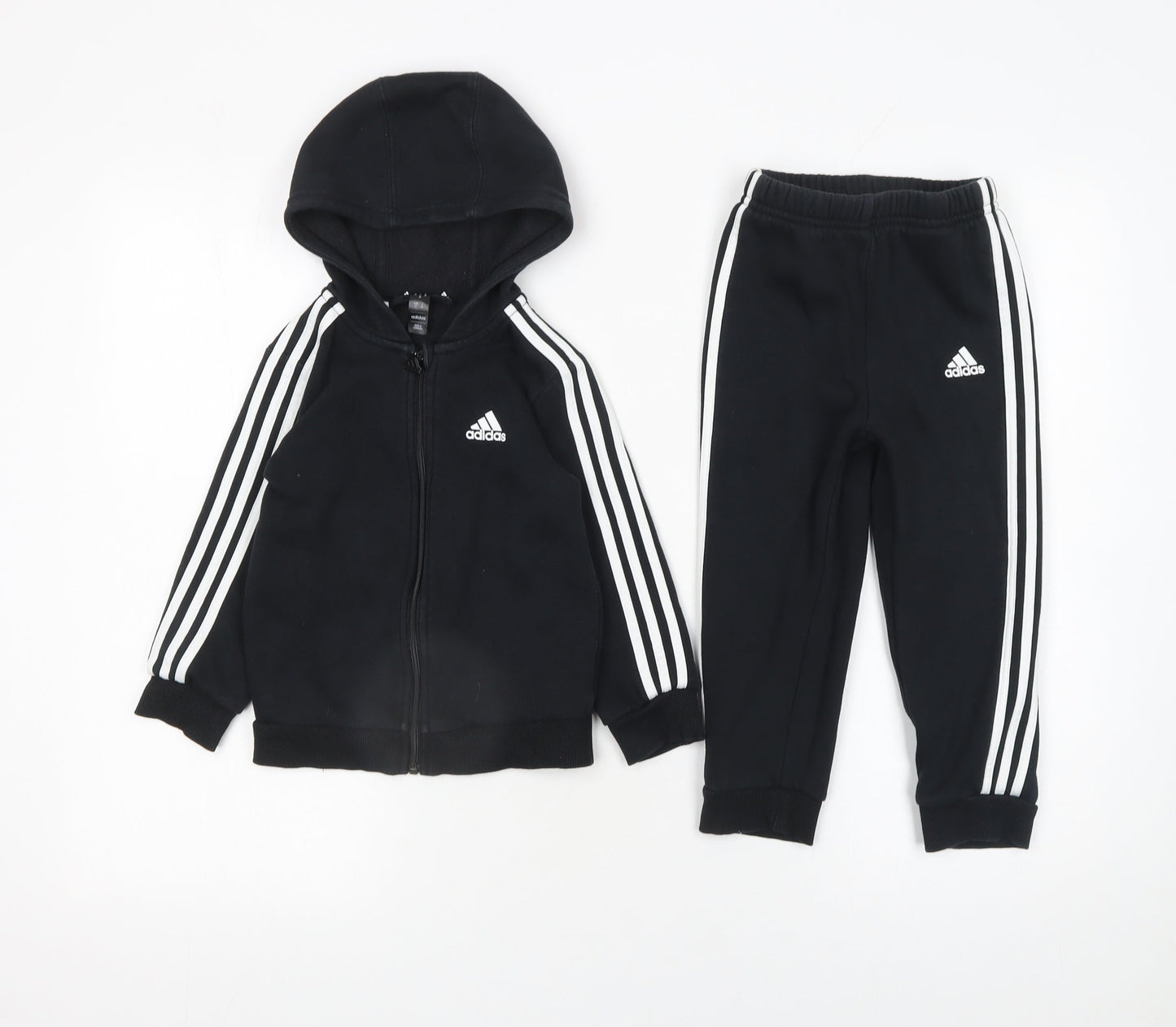 Adidas Boys Black 3-Stripe Hoodie & Joggers Tracksuit Set 3 Years