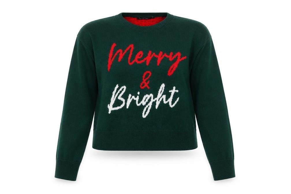 Boohoo Women's Green Merry & Bright Christmas Knit Jumper Size S