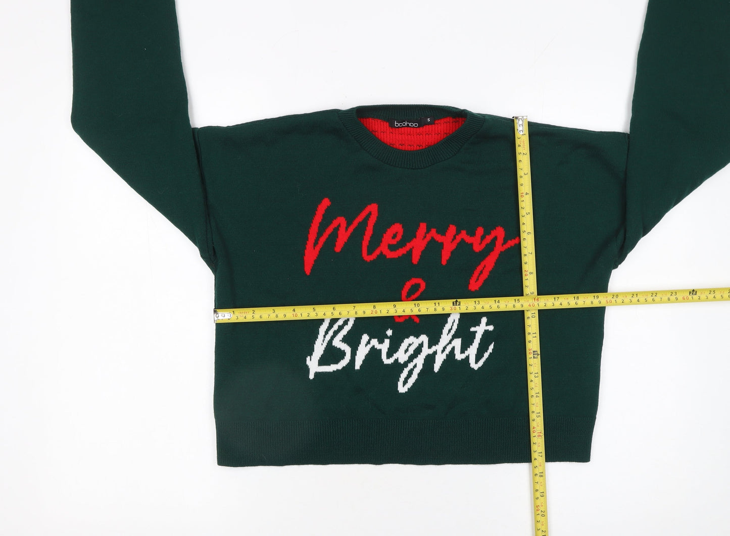 Boohoo Women's Green Merry & Bright Christmas Knit Jumper Size S