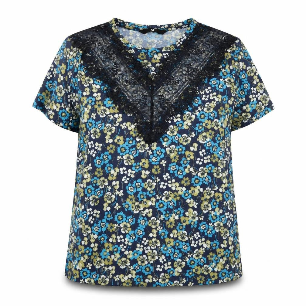 Very Women's Blue Floral Lace Accent Short Sleeve Blouse UK 10
