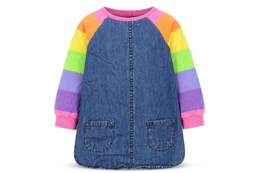 Next Girls Blue Denim Rainbow Raglan Long Sleeve Dress 12-18 Months