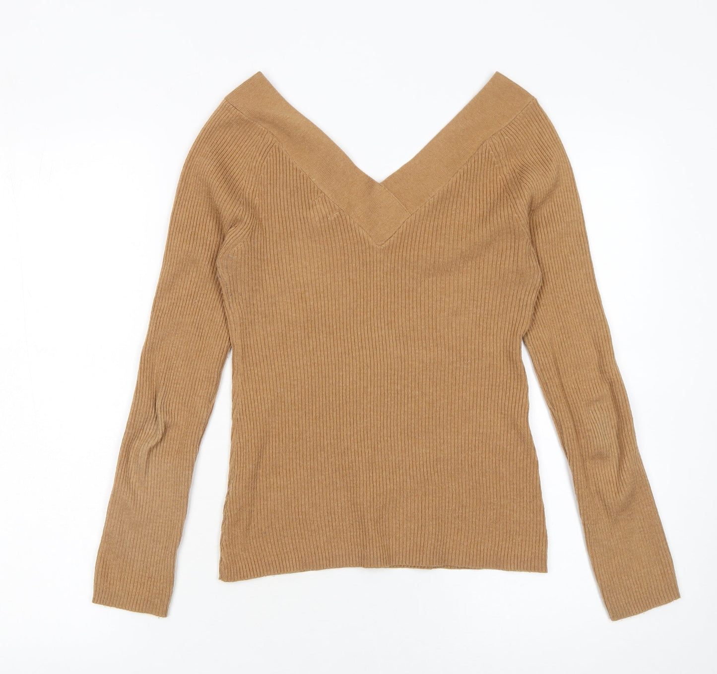 River Island Women’s Beige V-Neck Ribbed Knit Jumper Size 10
