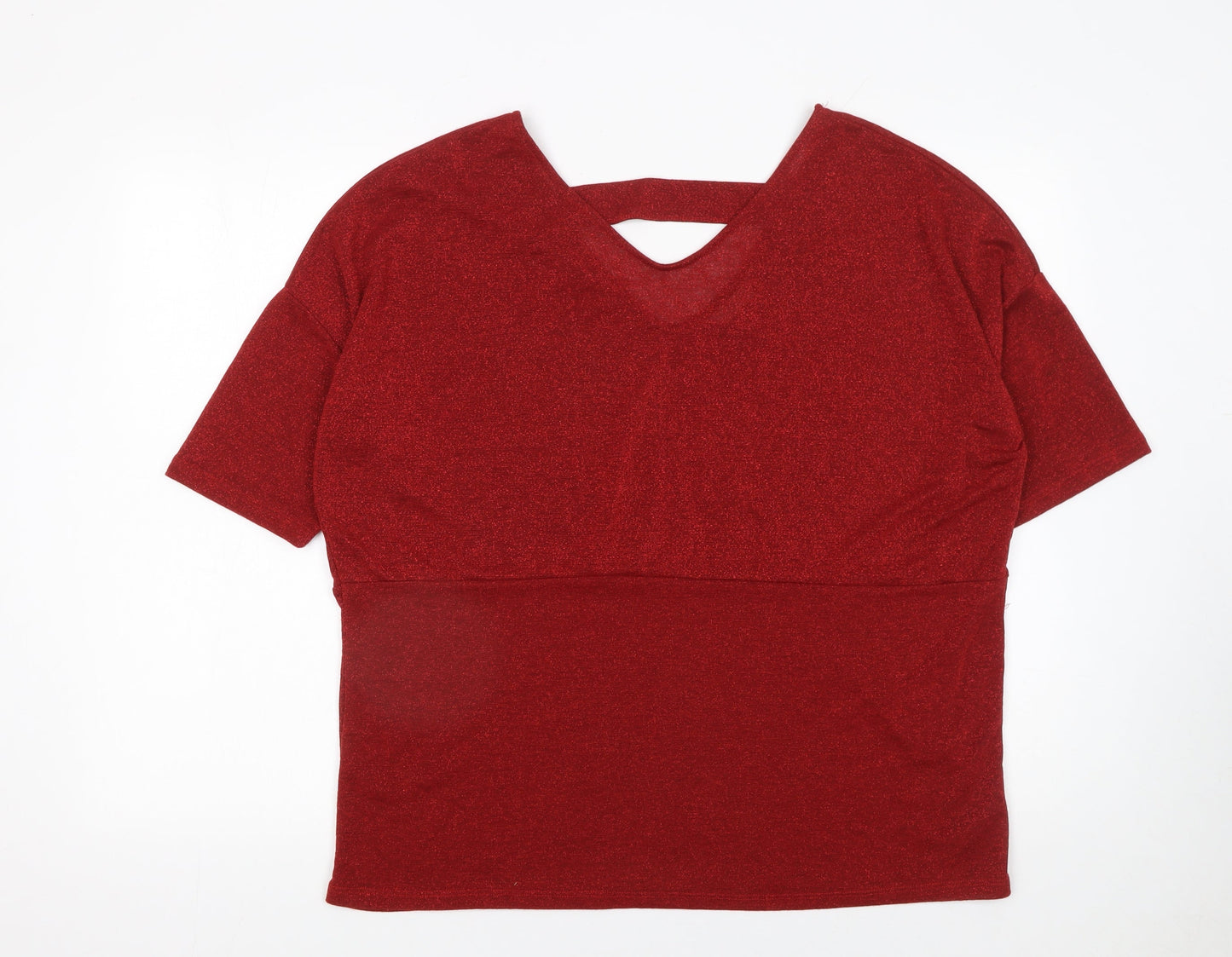 Anthology Women's Red Glitter V-Neck Short Sleeve Knit Top Size 16
