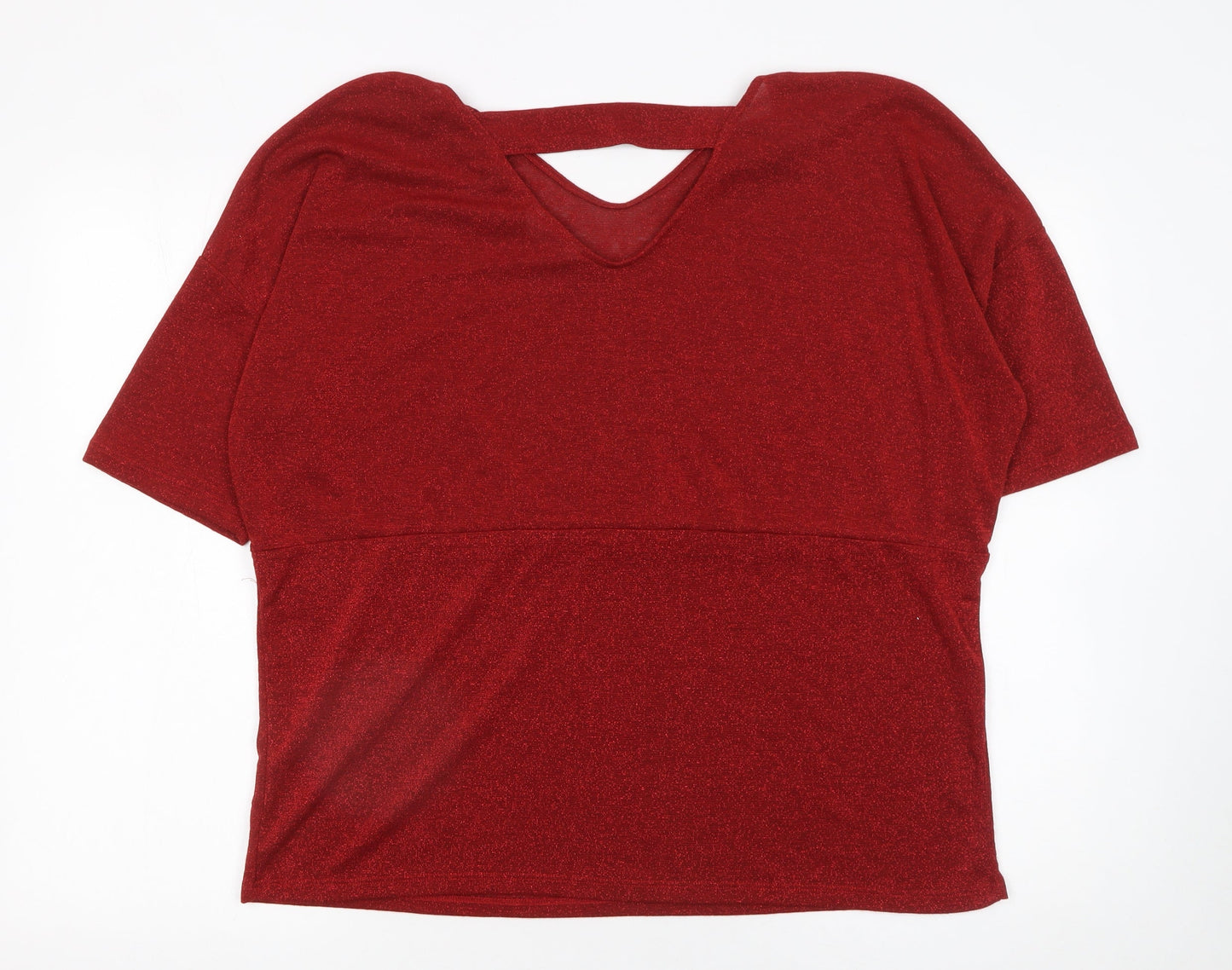 Anthology Women's Red Glitter V-Neck Short Sleeve Knit Top Size 16
