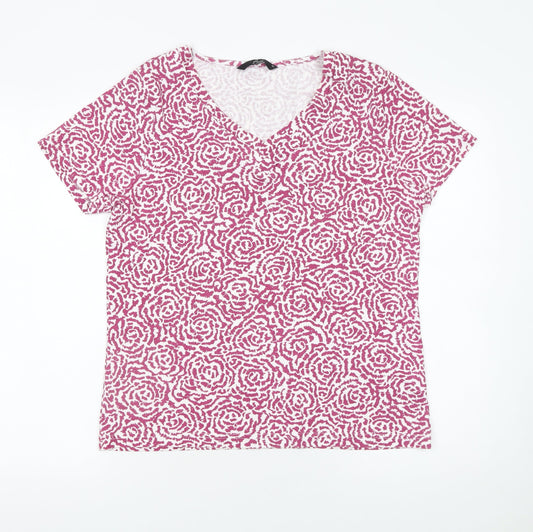 BM Casual Women's Pink Floral Cotton V-Neck T-Shirt M
