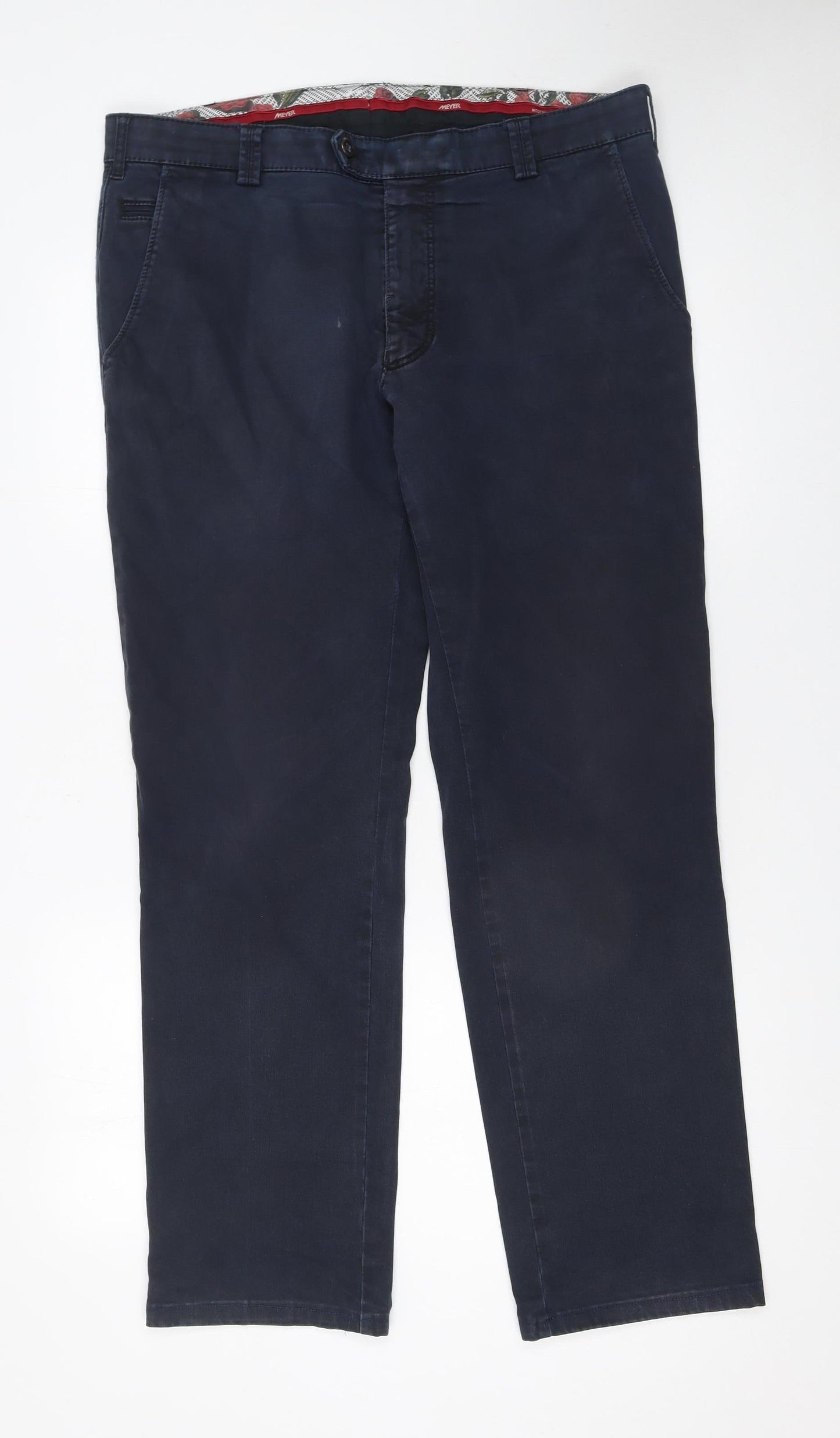 Meyer Men's Blue Chino Trousers 38/32 Regular Fit Cotton Stretch