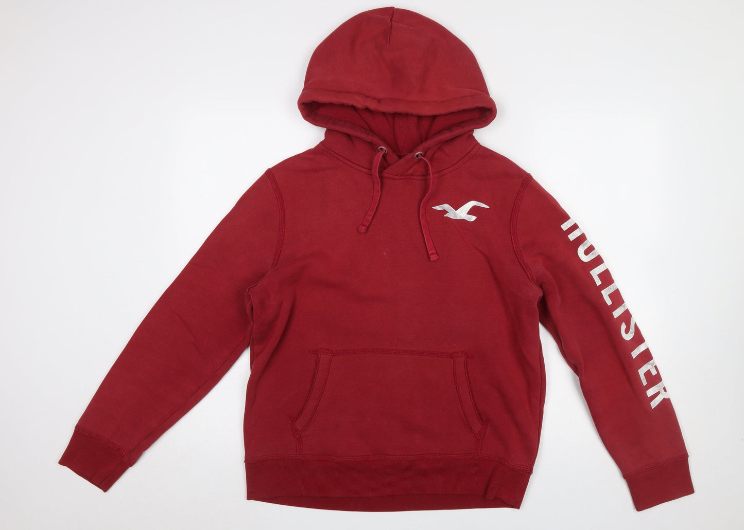 Hollister Women Red Pullover Hoodie Small Cotton Blend Logo Print
