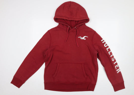Hollister Women Red Pullover Hoodie Small Cotton Blend Logo Print