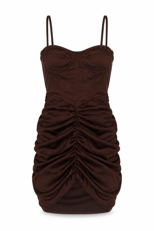PRETTYLITTLETHING Women’s Brown Ruched Satin Bodycon Mini Dress UK 10