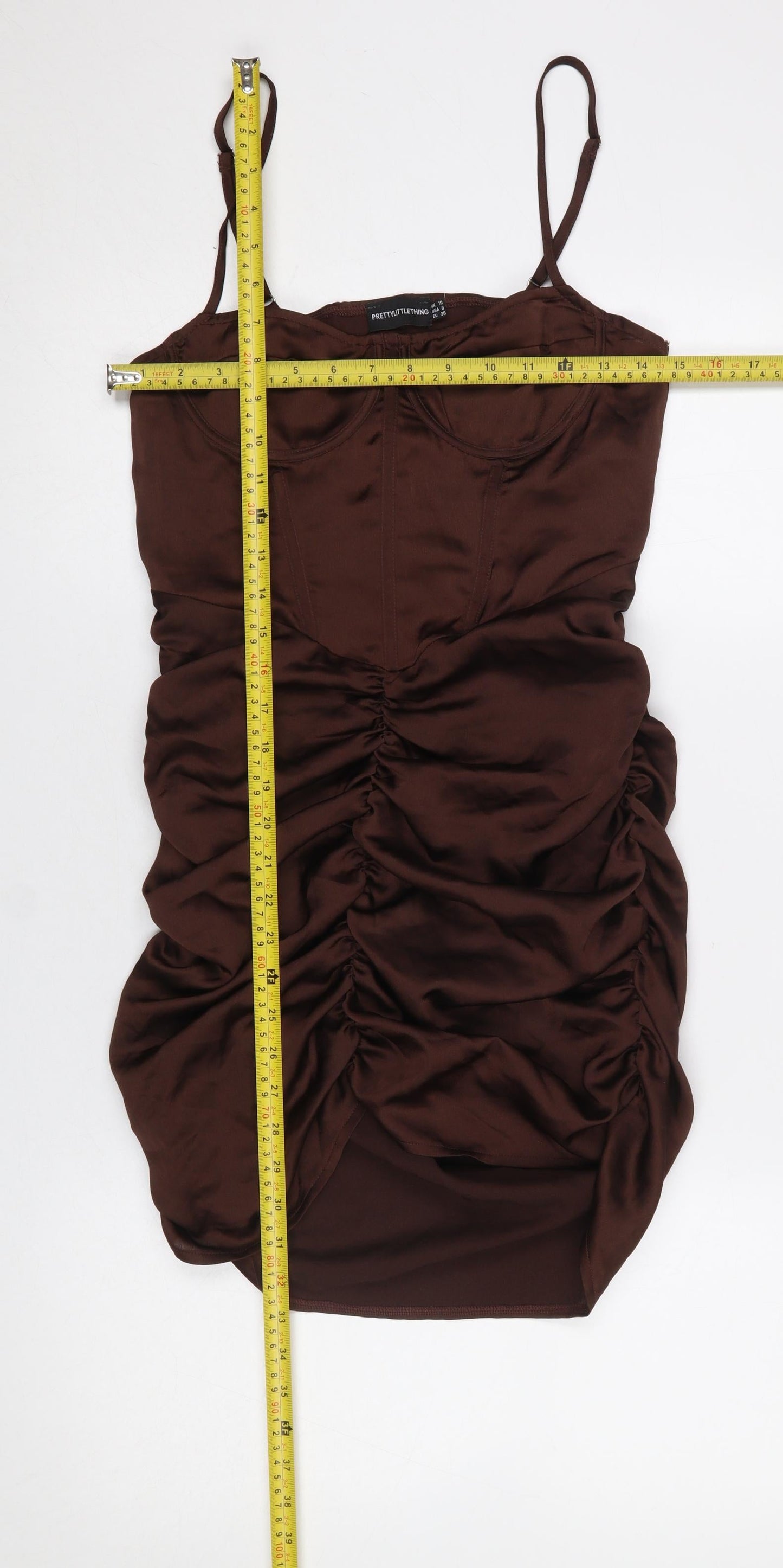 PrettyLittleThing Women’s Brown Ruched Satin Bodycon Mini Dress UK 10