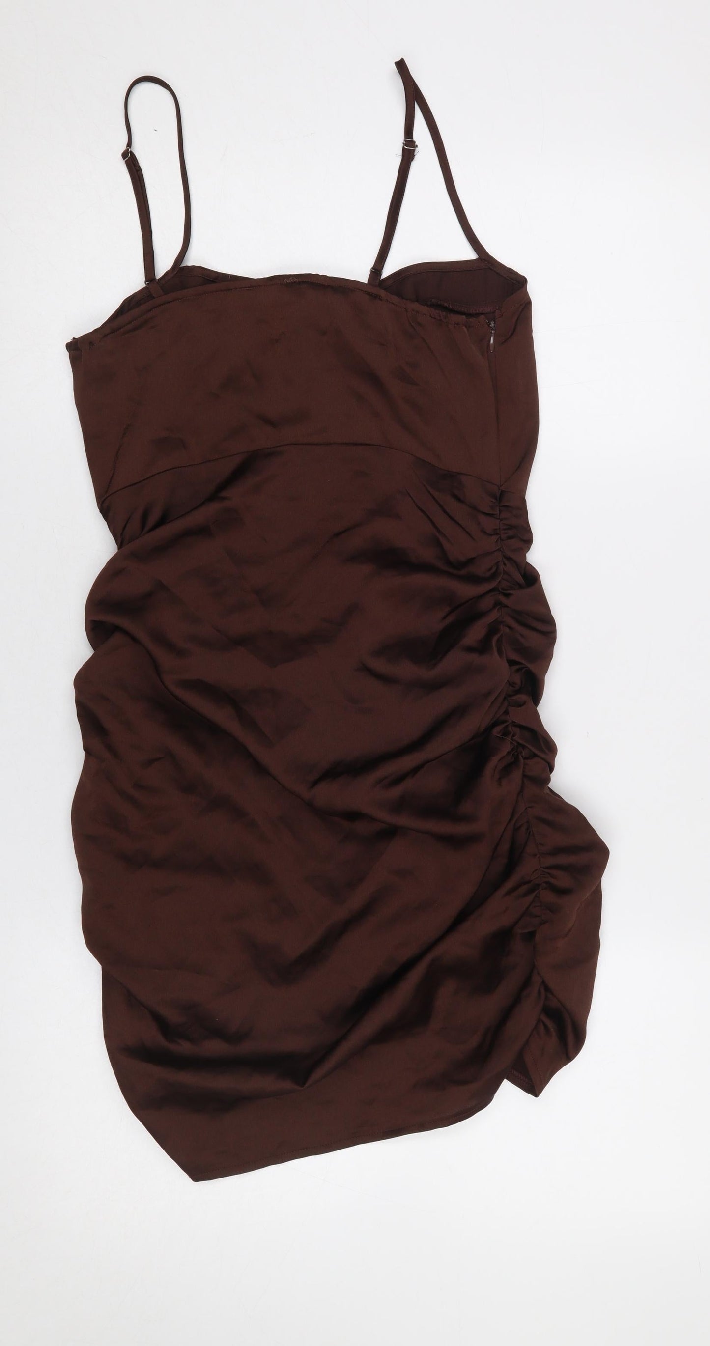 PrettyLittleThing Women’s Brown Ruched Satin Bodycon Mini Dress UK 10