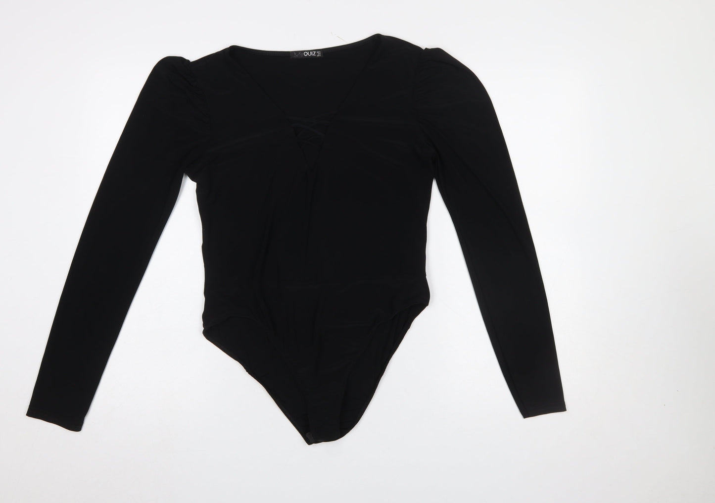 Quiz Women Black Long Sleeve Bodysuit Size 16 V-Neck Stretch Outfit