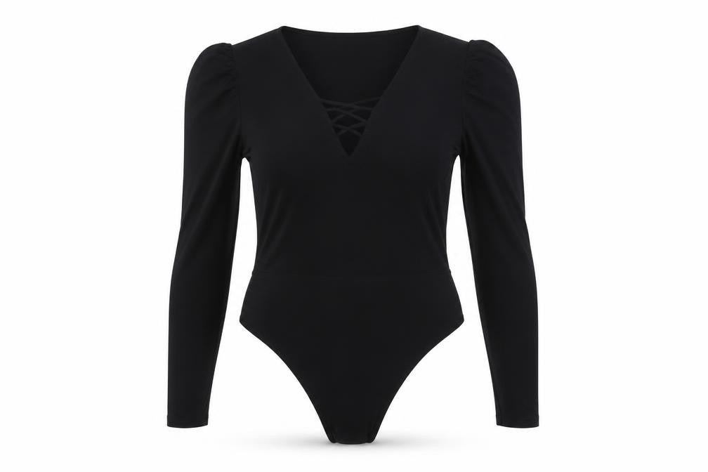 Quiz Women Black Long Sleeve Bodysuit Size 16 V-Neck Stretch Outfit