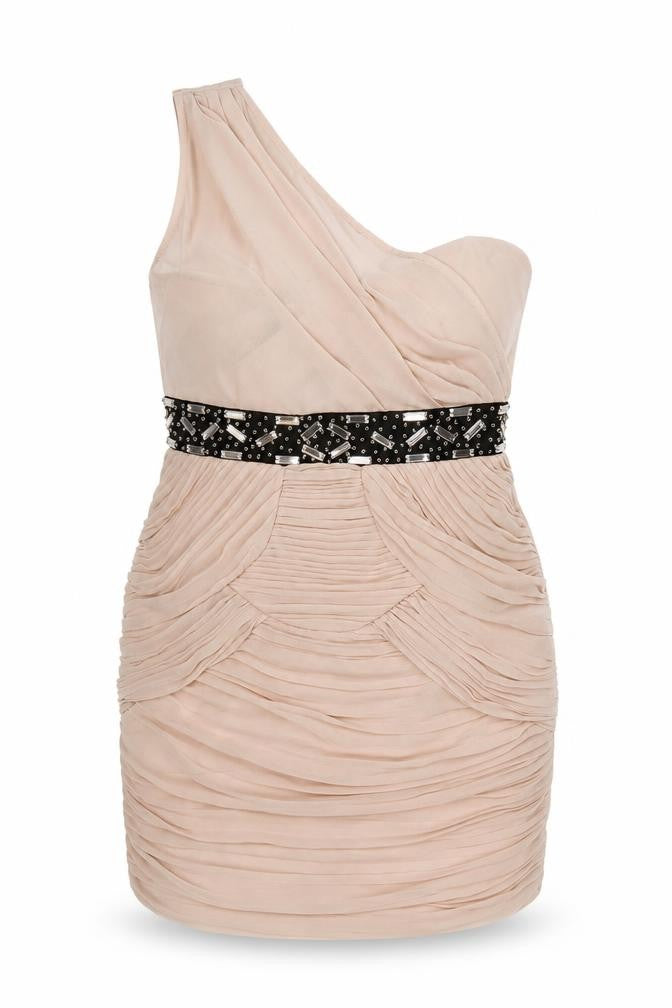 Lipsy Women’s Beige One Shoulder Ruched Bodycon Dress Size 8
