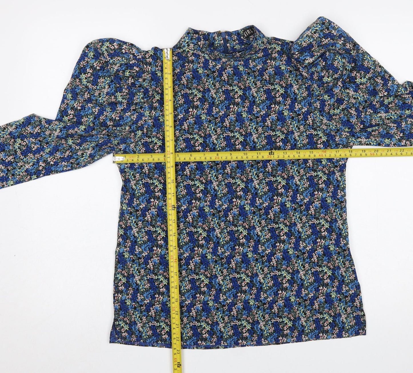 Girl In Mind Women's Blue Floral High Neck Puff Sleeve Blouse Size 8