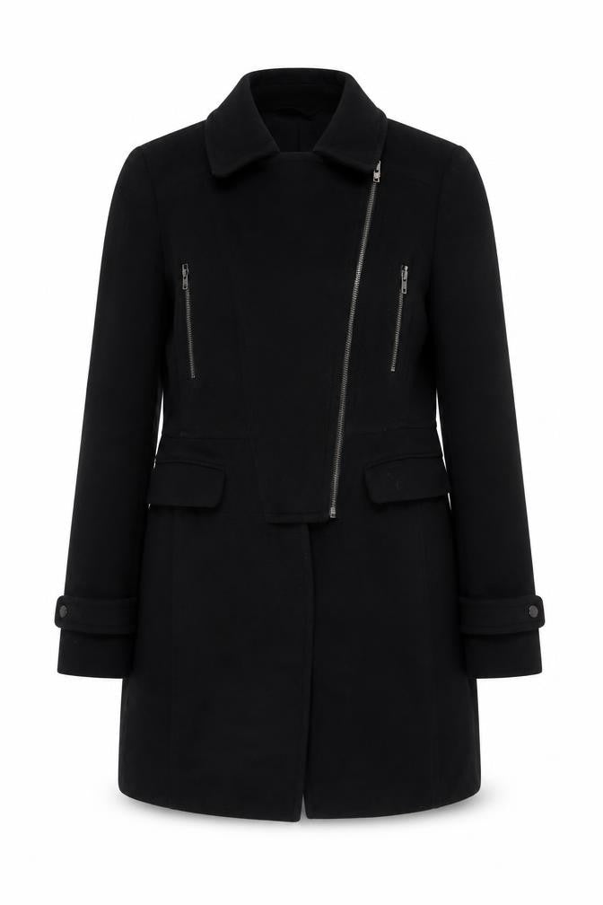 Great Plains Women Black Long Overcoat Lined Zip Coat Size L