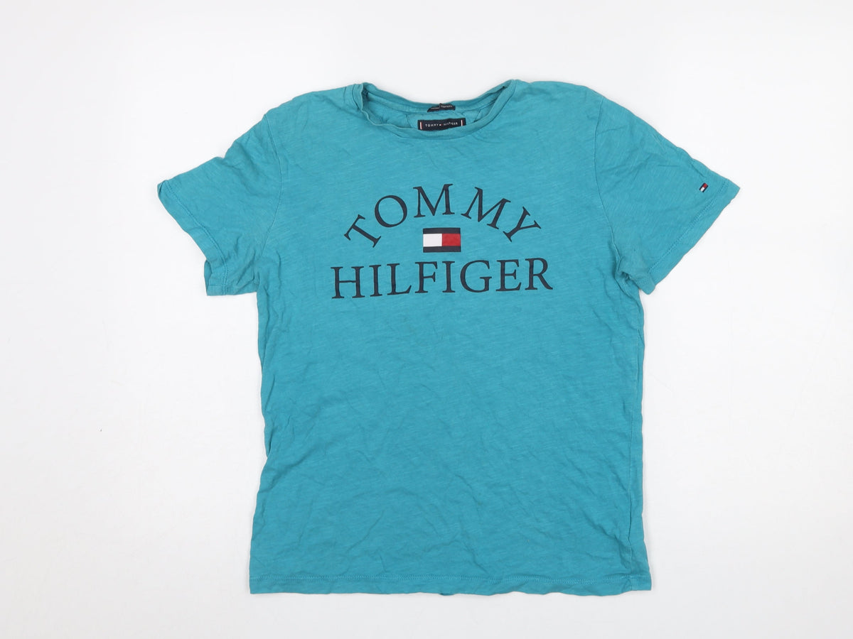 Tommy Hilfiger Boys Blue Cotton Logo T-Shirt Size 164 Short Sleeve