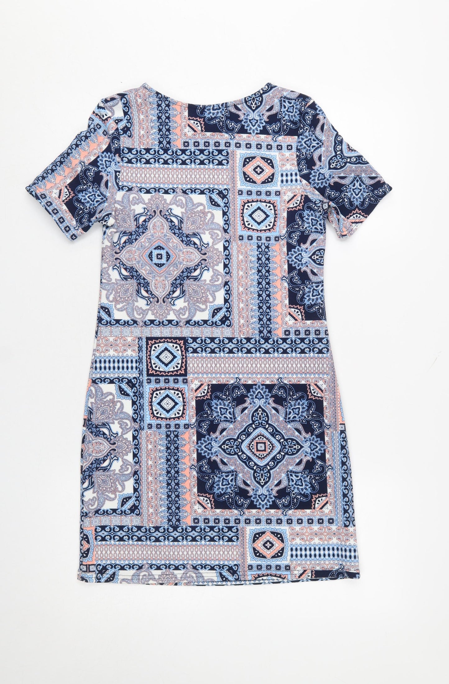 Quiz Women Blue Geometric Print Short Sleeve Shift Dress Size 8