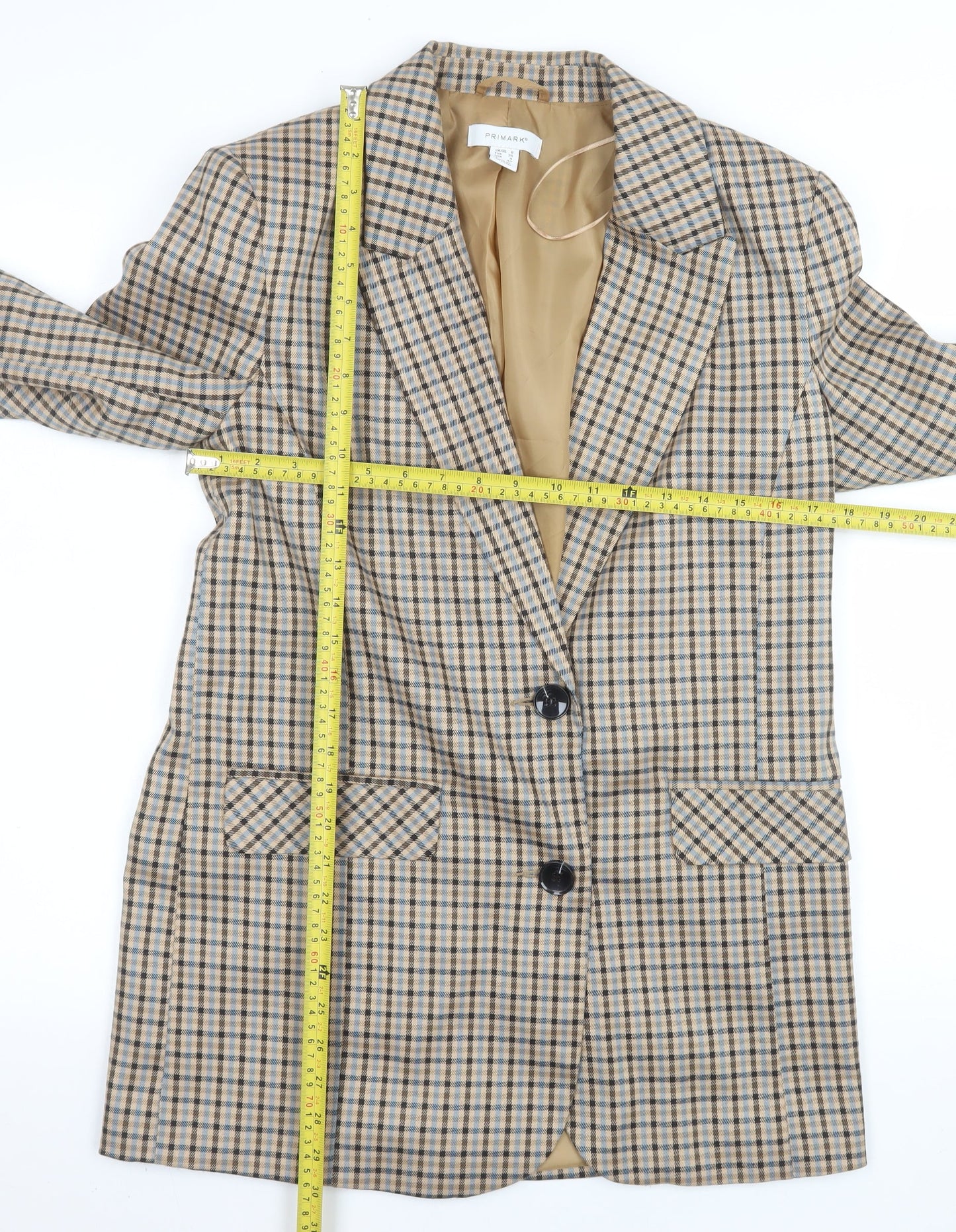 Primark Women Beige Check Single-Breasted Blazer Size 8