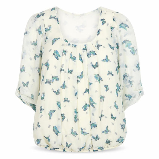 Front view of Dunnes Women’s Ivory Butterfly Chiffon Blouse, size UK 14, Tunic Style