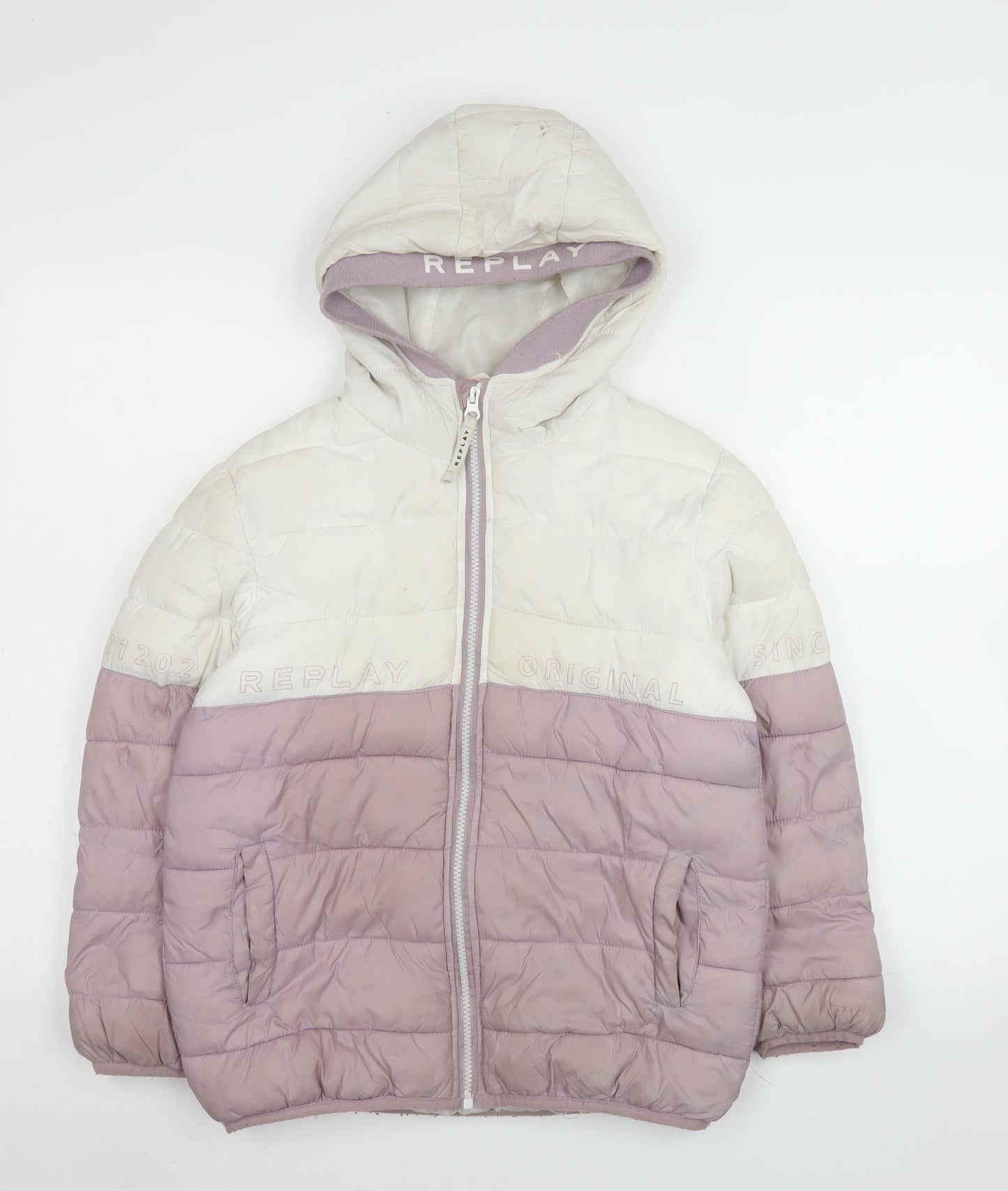 Replay Girls Ivory & Mauve Hooded Puffer Jacket Size 14 Years Lined Winter Coat