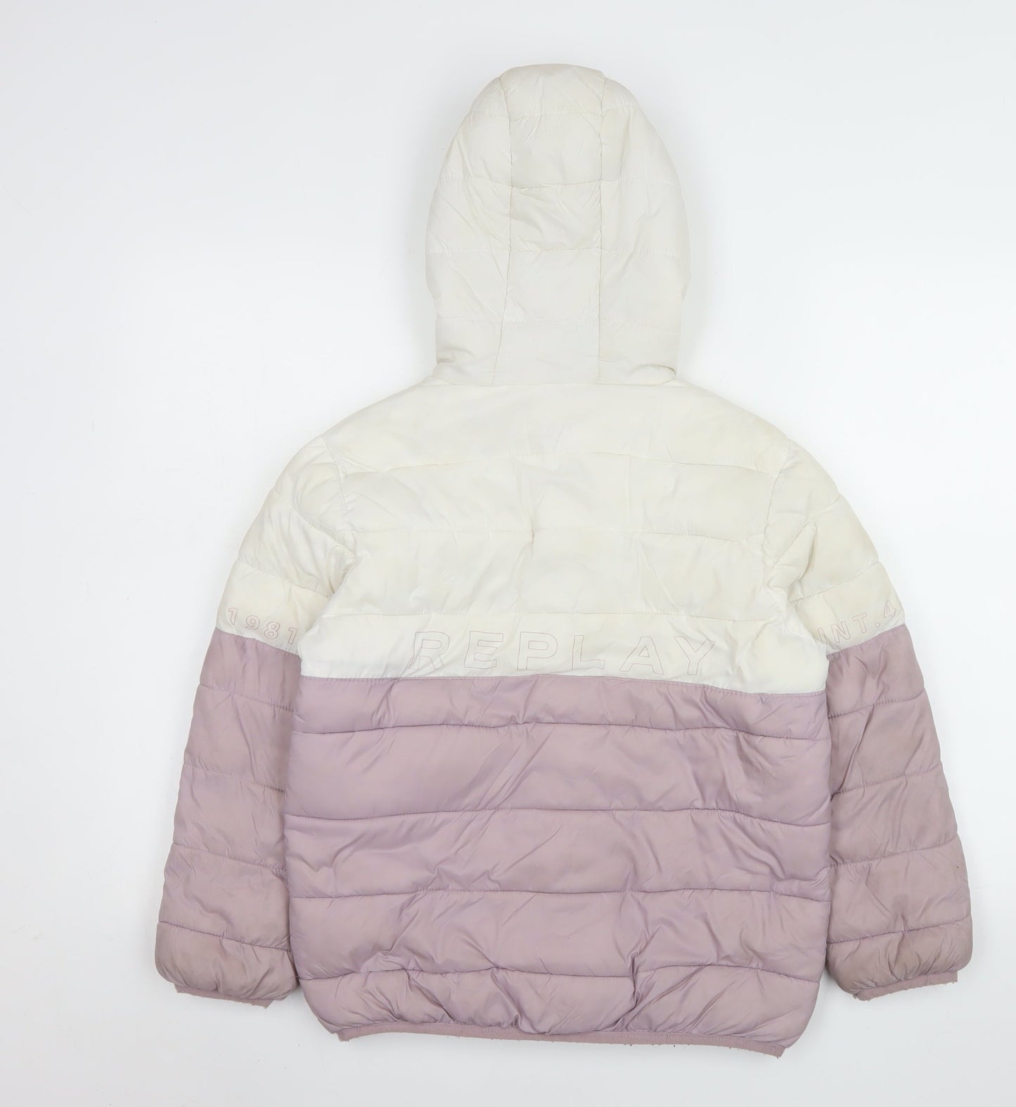 Replay Girls Ivory & Mauve Hooded Puffer Jacket Size 14 Years Lined Winter Coat