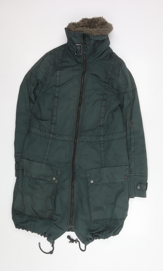 Freesoul Women’s Green Parka Coat S Long Zip Belted Winter Jacket