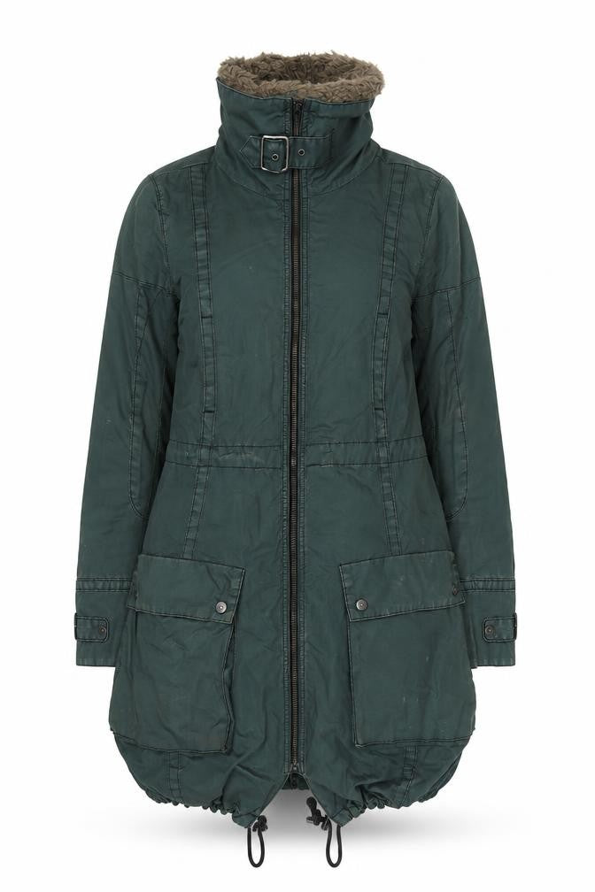 Freesoul Women’s Green Parka Coat S Long Zip Belted Winter Jacket