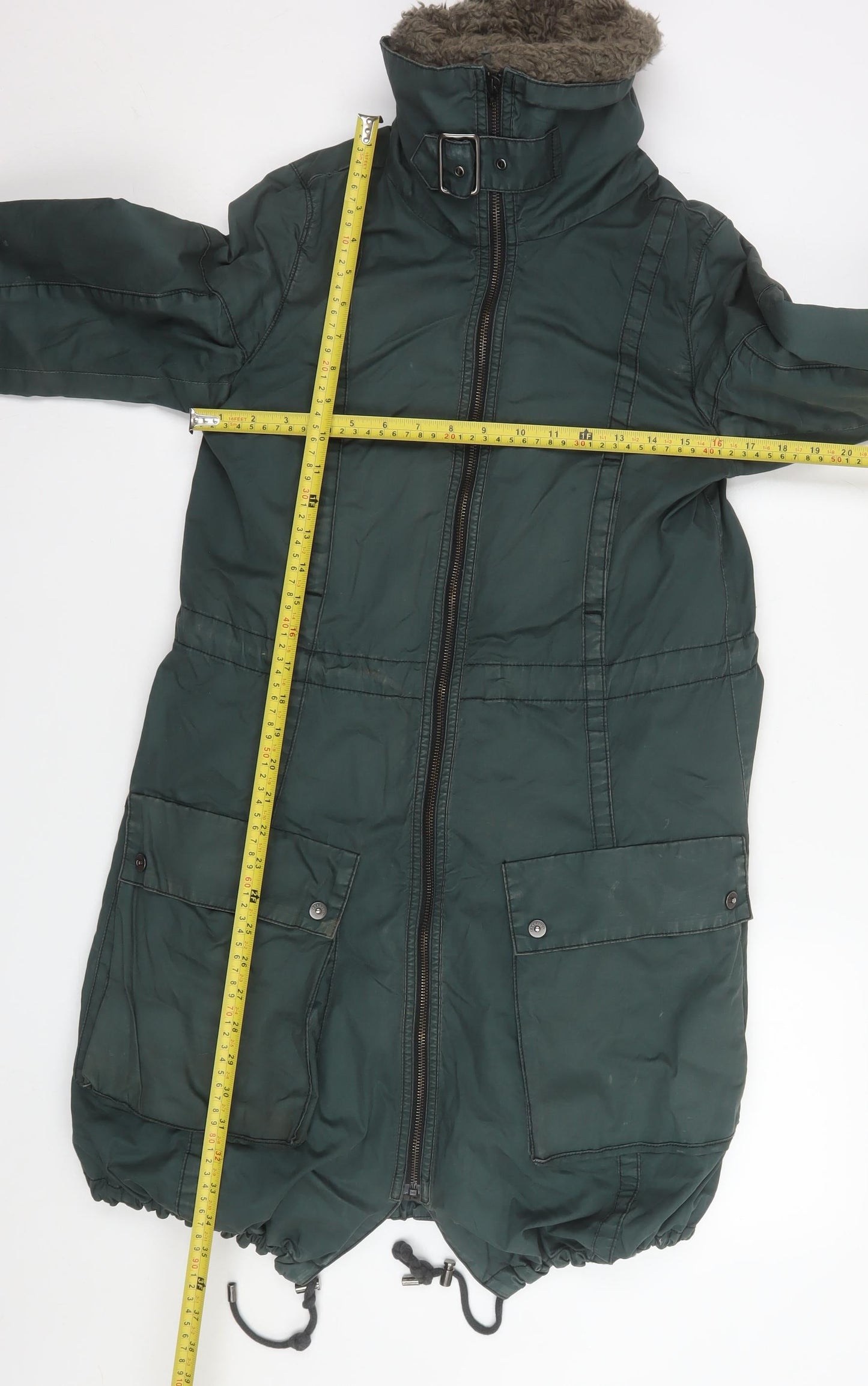Freesoul Women’s Green Parka Coat S Long Zip Belted Winter Jacket
